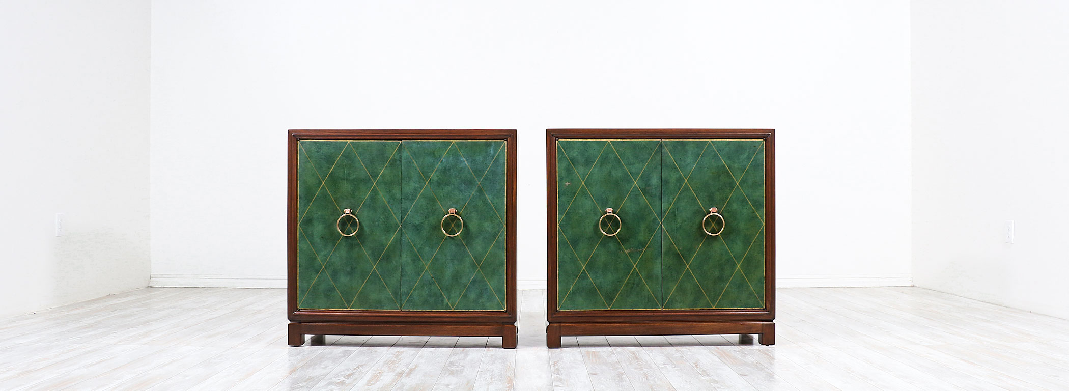 Tommi Parzinger Green Leather Front Cabinets With Brass Pulls for Charak Modern Image