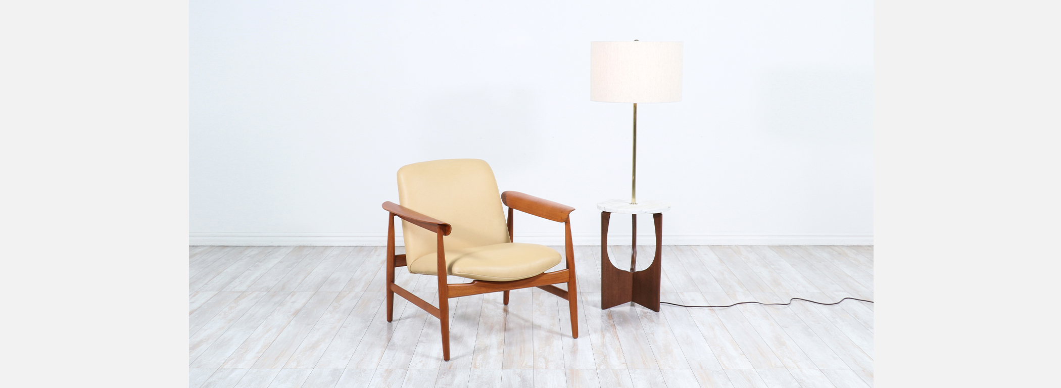 Mid-Century Modern Sculpted Walnut Floor Lamp with Marble Side Table Image