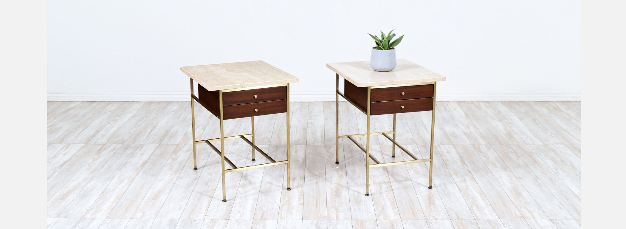 Paul McCobb "Irwin Collection" Travertine & Brass Night Stands for Calvin Furniture Image