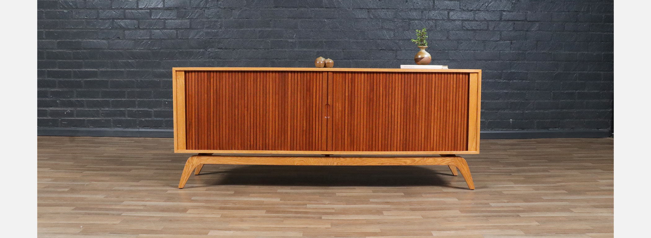 Custom Made Teak & Oak Tambour-Door Credenza by Danish Modern LA Image