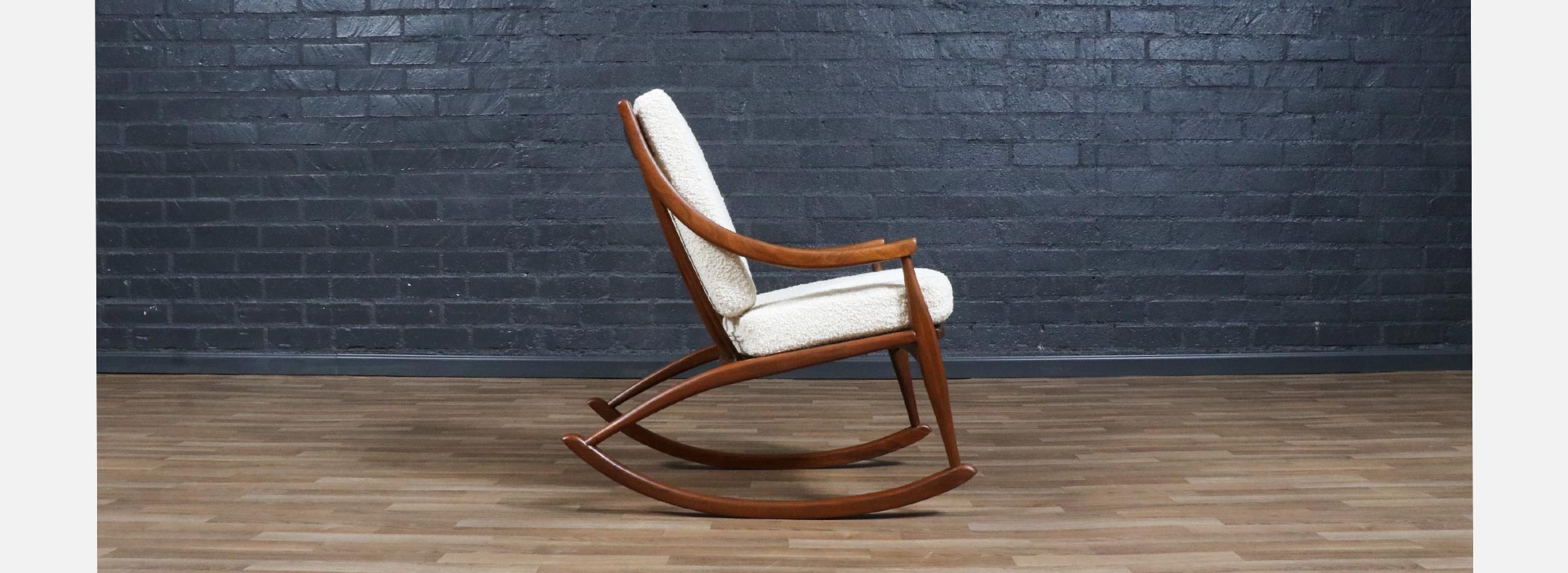 Mid-Century Modern Sculpted Walnut & Boucle Rocking Chair | Danish