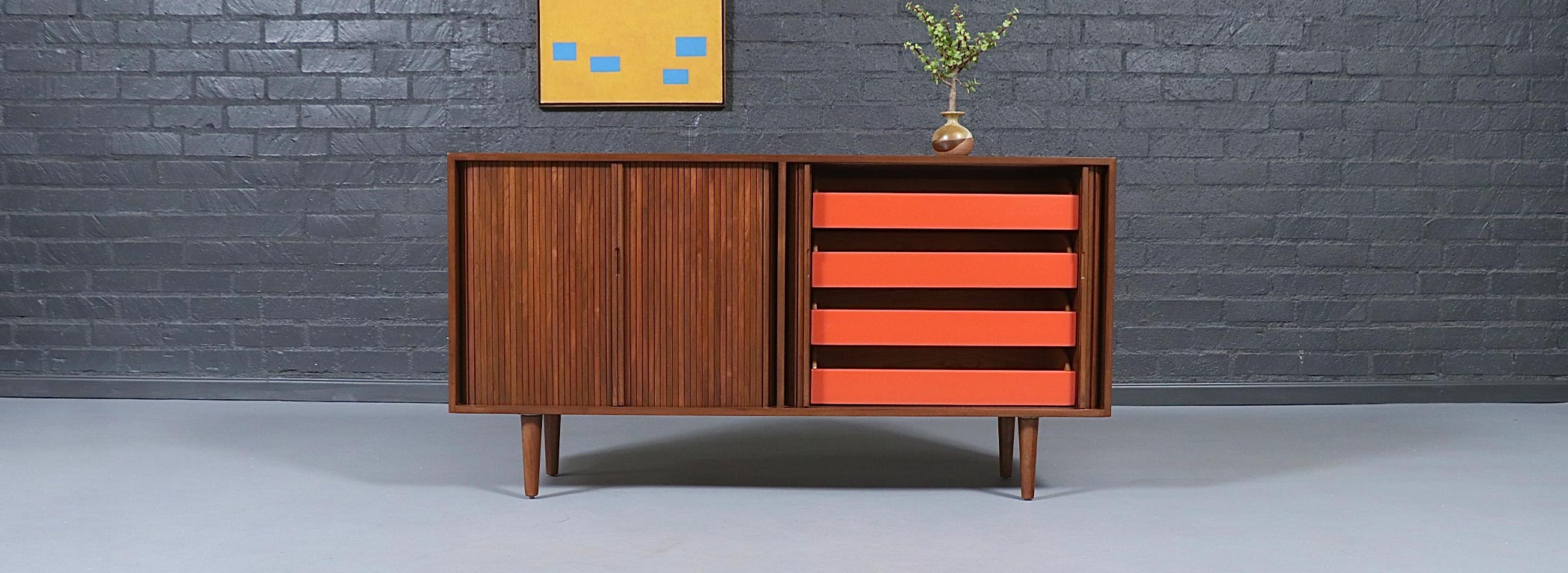 Milo Baughman Double-Tambour Door Credenza w/ Lacquered Drawers