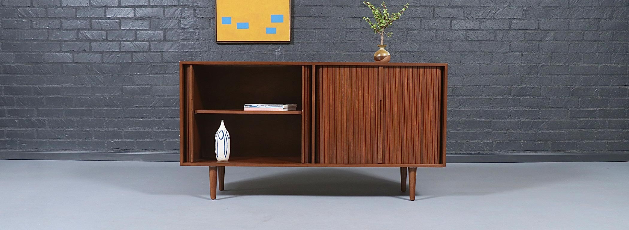 Milo Baughman Double-Tambour Door Credenza w/ Lacquered Drawers