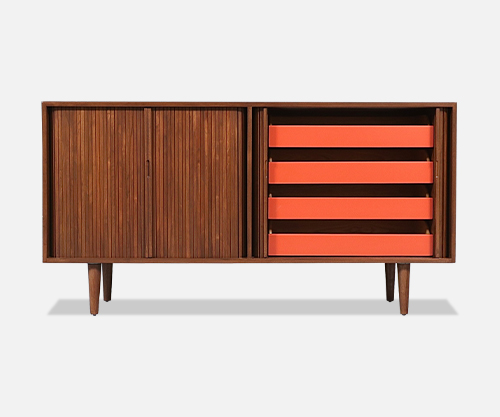 Milo Baughman Double-Tambour Door Credenza w/ Lacquered Drawers
