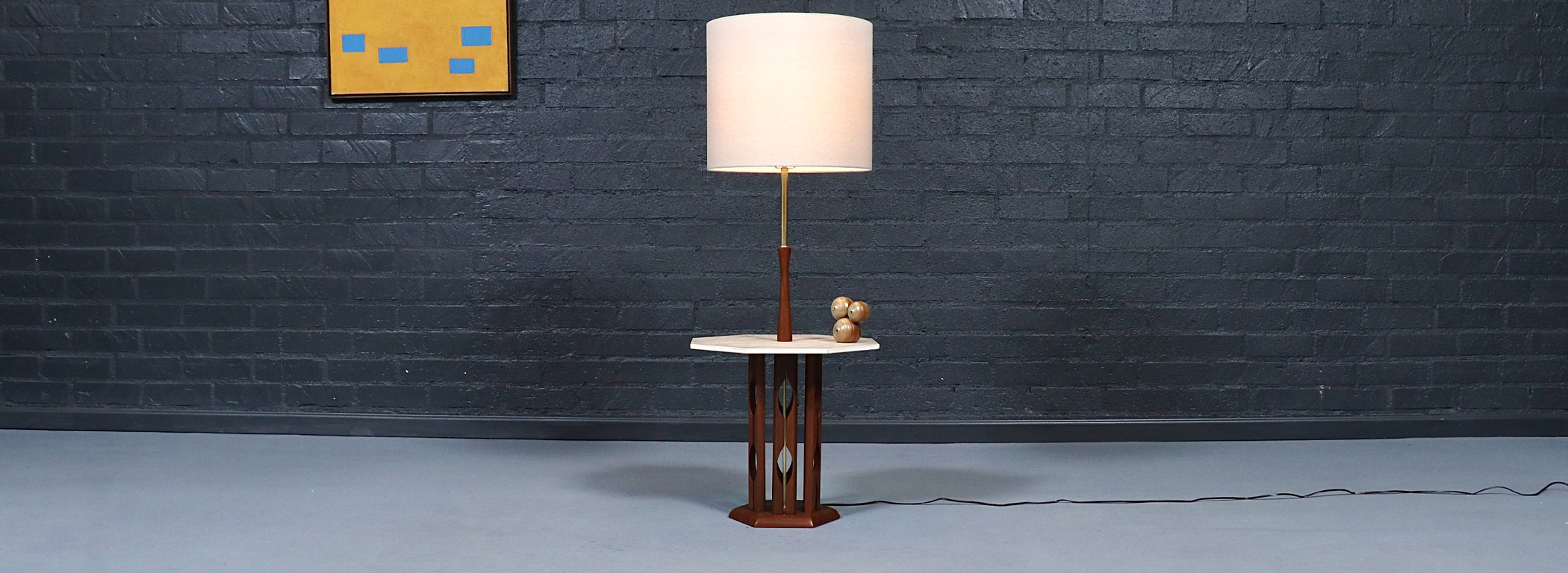 Mid Century Sculpted Walnut Floor Lamp w/ Travertine Side Table Image