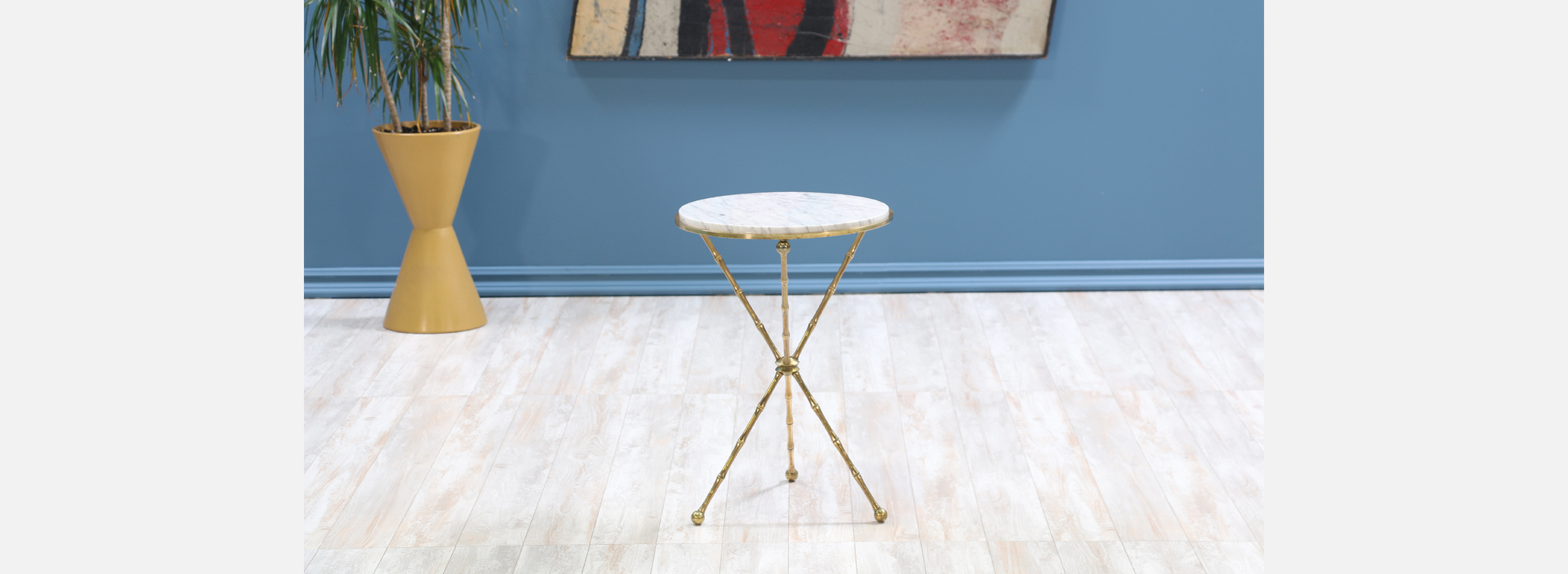 Italian Faux Bamboo Tripod Side Table with Carrera Marble Top Image